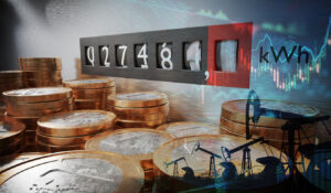 Electrometer is measuring power consumption. Coins in foreground. Expensive electricity concept. 3D rendered illustration - em360