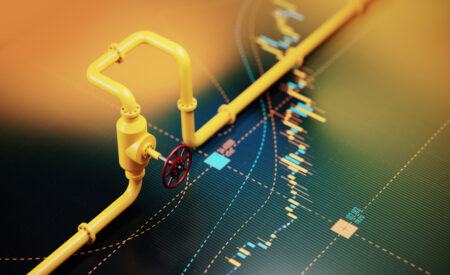 Natural Gas Pipes Sitting On Yellow Chart - Natural Gas And Energy Crisis And Finance Concept em360